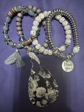 Handmade Grey Beaded Bracelet Set with Tassel & 'I Love You' Charm